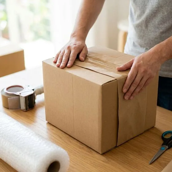 Professional packing service — Right Way Logistics crew taping and sealing moving boxes